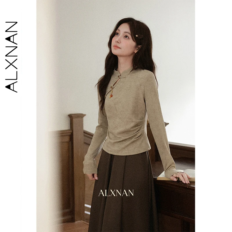 ALXNAN, camiseta para mujer, nuevas camisetas de manga larga de algodón de estilo chino, camisetas elegantes informales con diseño de hebilla de otoño para mujer L57266