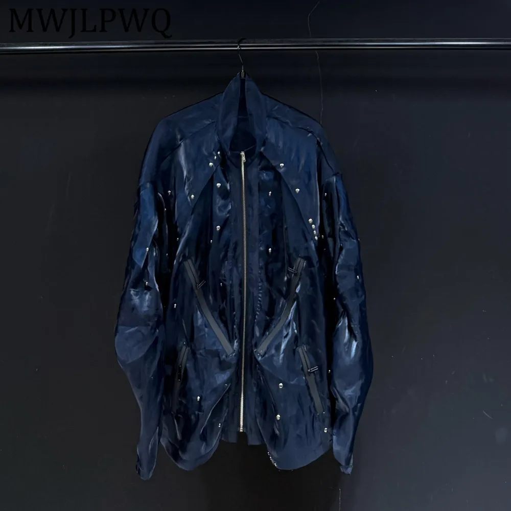 

MWJLPWQ Metal Spliced Structrue Design Blue Organza Shirt Men's High Street Loose Casual Long-Sleeve Tops Summer Trendy 15270