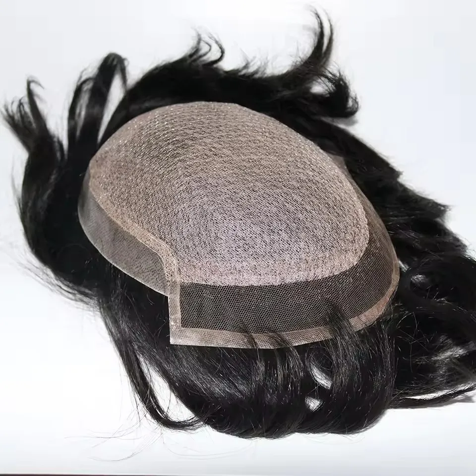Herrenperücken mit Spitze vorne, Seidenbasis und Diamantnetz-Basis, natürliche Farbe, Herren-Haarprothese, Toupet, langlebig, 100 % Echthaar-System. – Detail 6