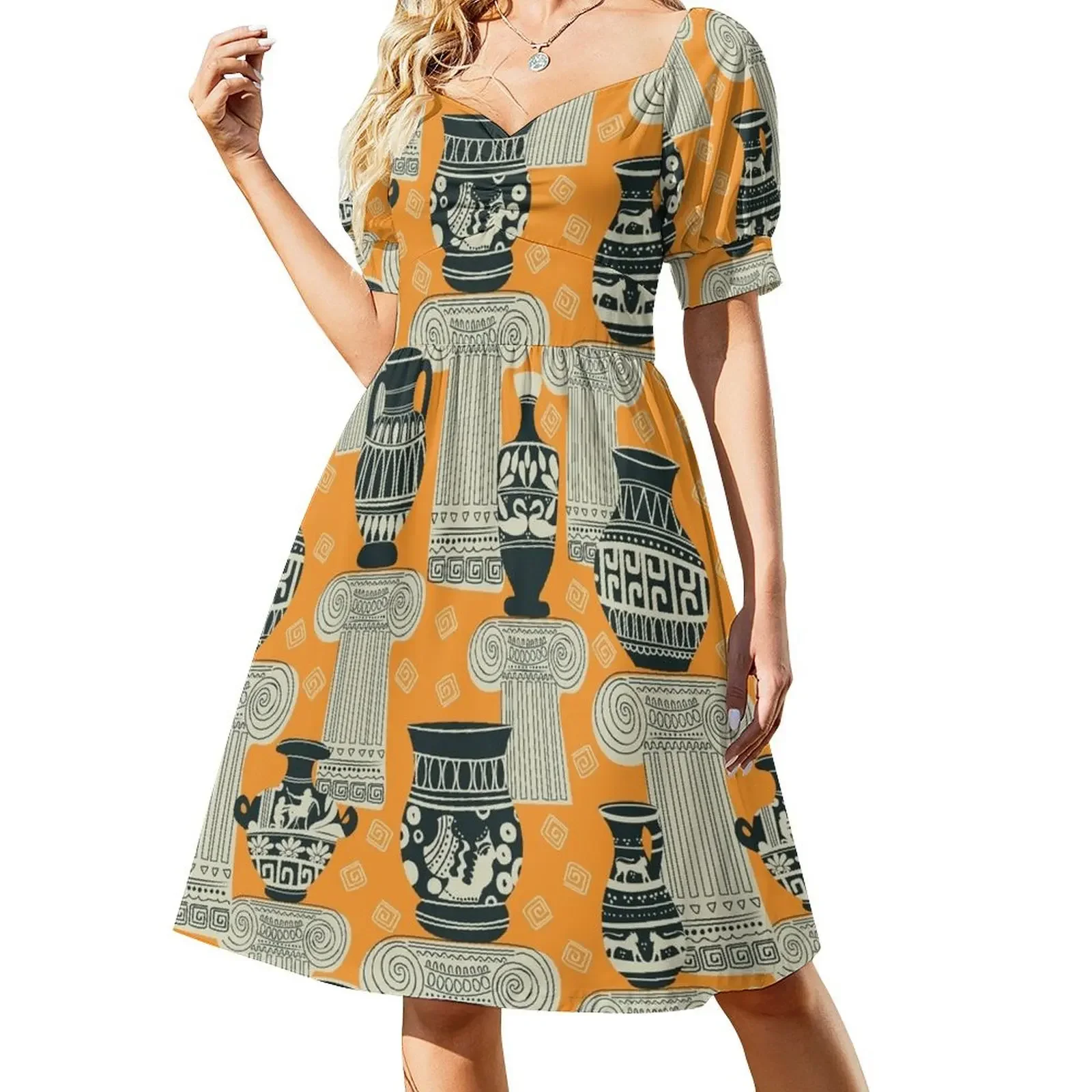 

Ancient Greek Pottery orange background Short-Sleeved Dress dresses for woman festival outfit women