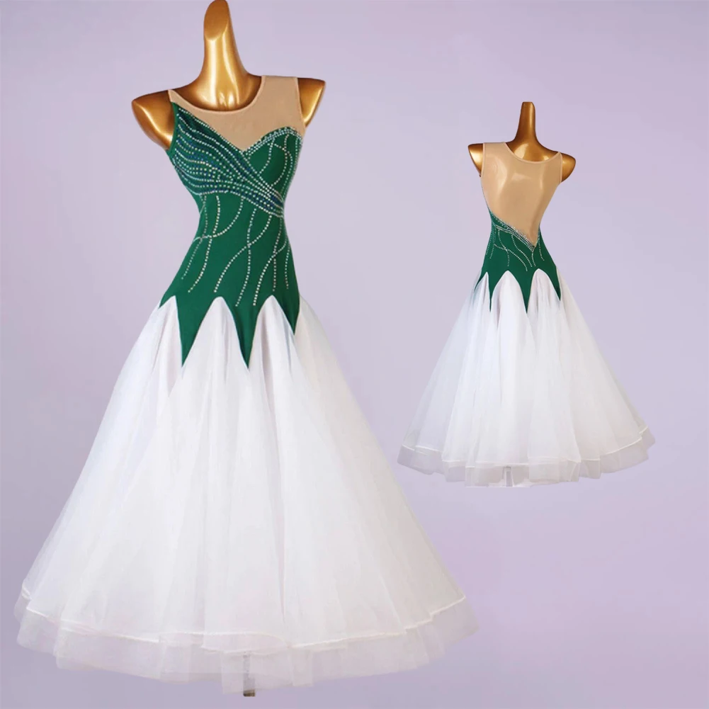 

Dark Green Sleeveless Waltz Dress Rhinestones Ballroom Competition Party Elegance Championship Standard Dance Dress