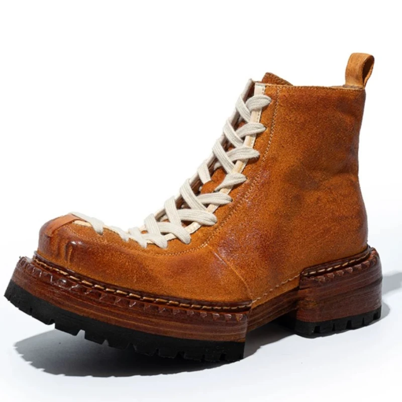 Fashion Horsehide Boots for Men's Women Original Square Top High Top Goodyear Thick Soled Short Boots Handmade Horse Skin Boots
