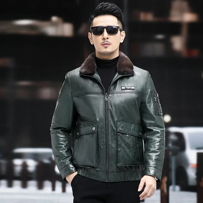 Genuine Leather Jacket Men Short Mink Fur Collar Natural Cowhide Jackets for Men Clothing Detachable Down Jacket Winter Coat FCY