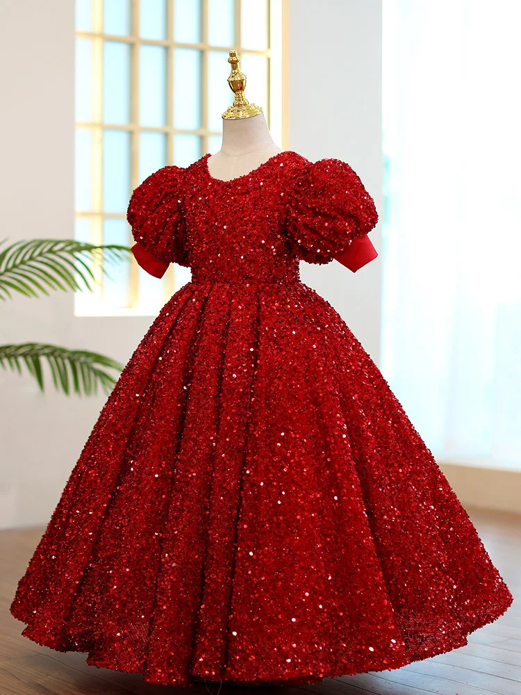 

Real Picture Princess Red Sequined Flower Girl Dresses For Wedding Party Short Sleeve Long Kids Children First Communion Gown