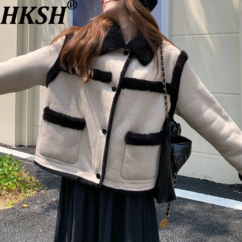 

HKSH Winter New Women's Short Warm Jacket Faux Suede Spliced Color Block Turn-down Collar Single Breasted Ins Thick Coat HK14699