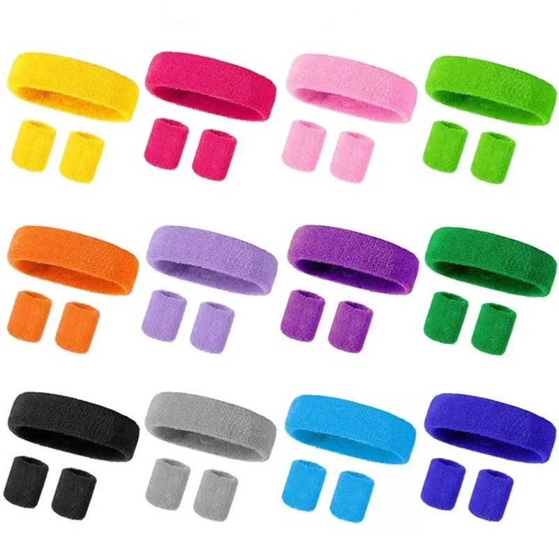 

New Hot Athletic Sweatband Hairband Headband Wristband Set in 3-Pack Cotton Head Sweat Bands for Running, Cycling, Yoga, Spa