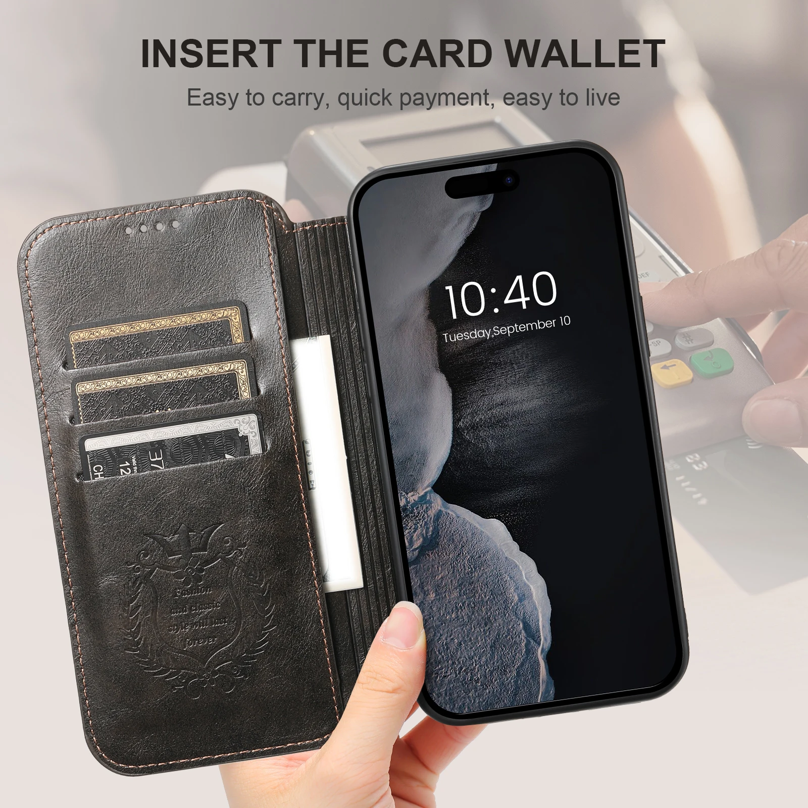 Luxus-Kartensteckplatz-Halter, Brieftasche, Leder, Magsafe-Kartenhalter, Flip-Cover, magnetische Handyhülle für 17, 16, 15, 14, 13, 12, Pro Max Plus – Detail 5
