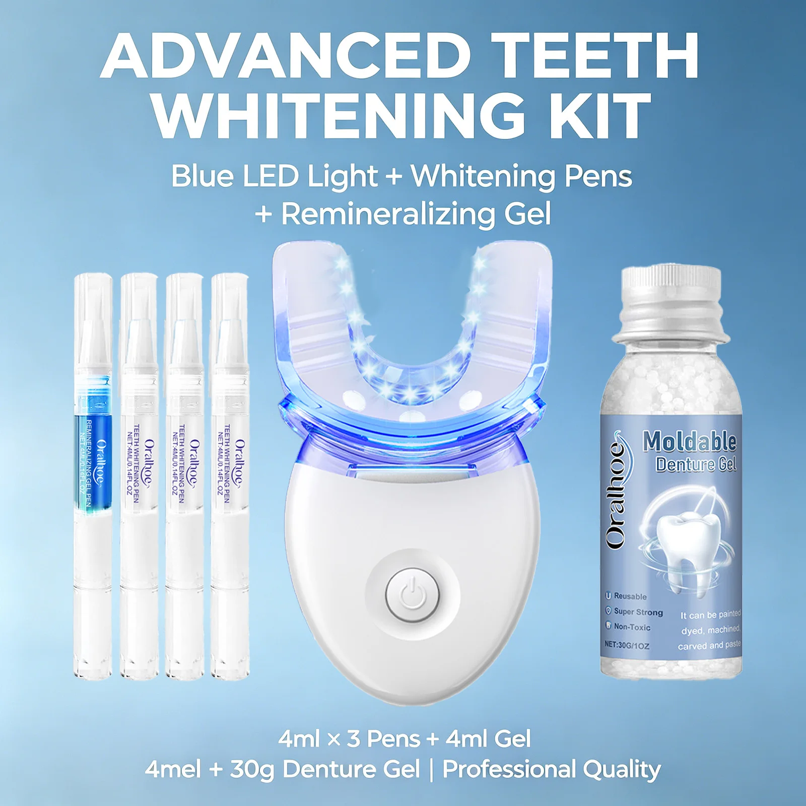 Teeth Whitening Kit with LED Light 4 Whitening Gels & Moldable Denture Gel Helps Remove Surface Stains Coffee Food Oral Care Set