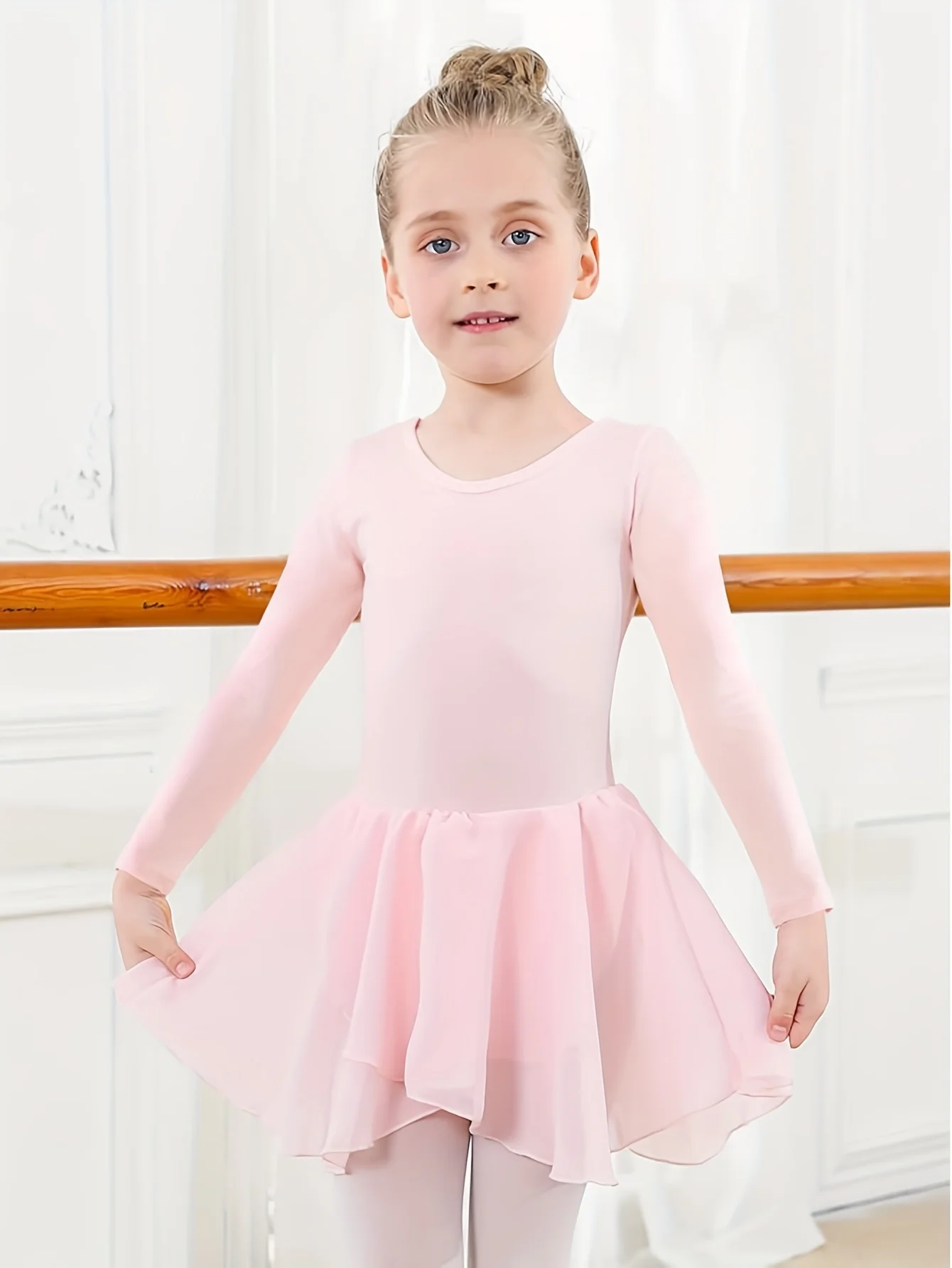 

Girls' Pink Ballet Leotard with Skirt, Cotton Long-Sleeve Toddler Dance Outfit, Cross-Back Ballet Dress