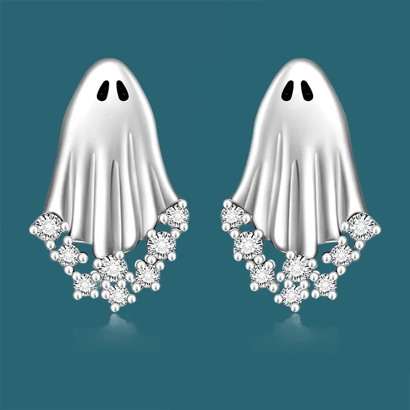 Cute Cartoon Silver Ghost Rhinestone Stud Earrings For Women Fashion Alloy Ears Accessories Jewelry Halloween Gifts Party Casual