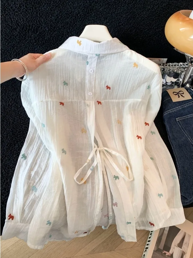 

Embroidered Collar Shirt Women's Summer Unique Beautiful New Design Long Sleeve Back Strap Top Loose Fit Casua...