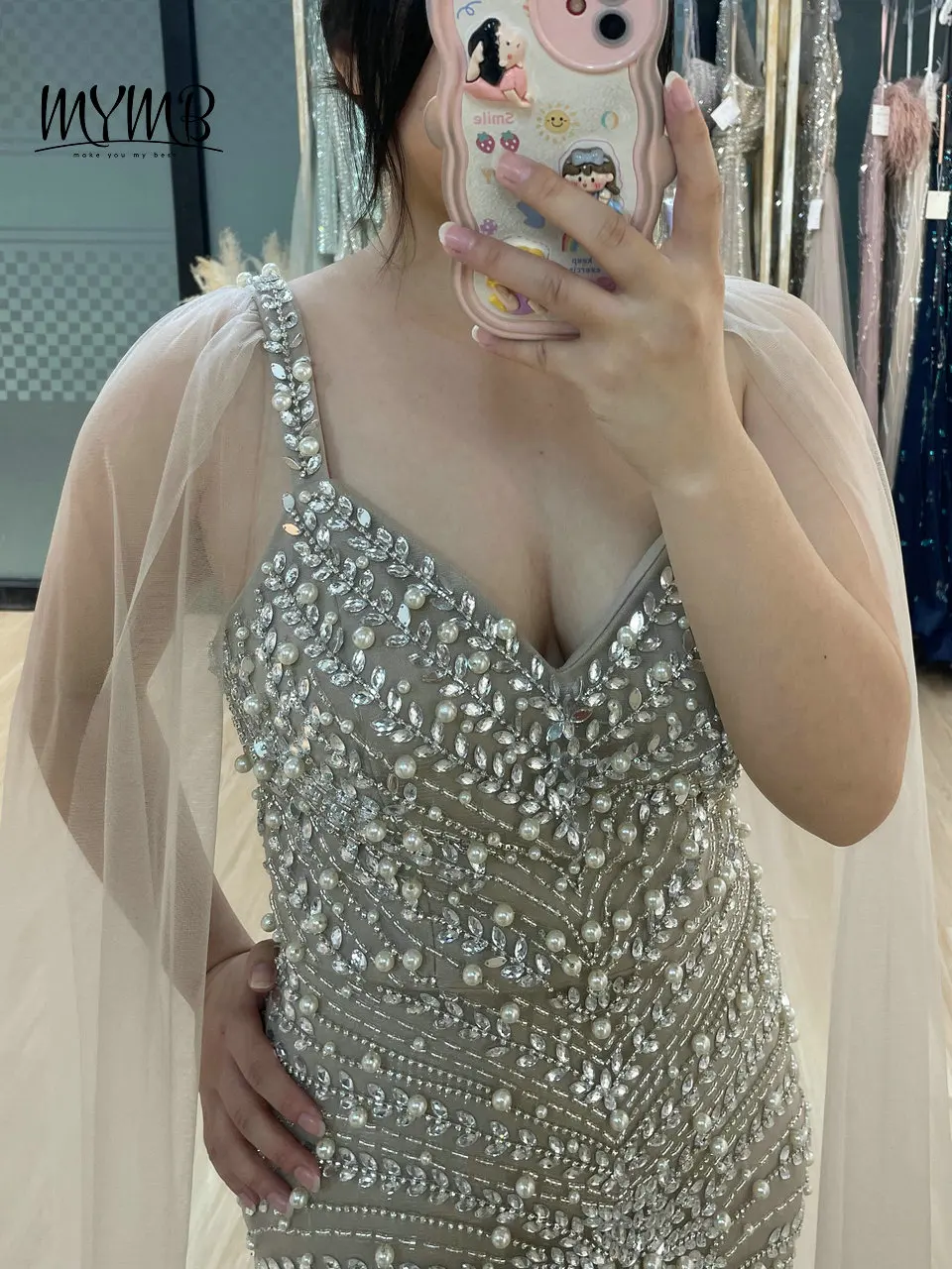 MYMB Nude Stunning Cape Sleeves Evening Ball Gowns for Wedding Guest Dubai Luxury Beaded Mermaid V Neck Elegant Party Dresses