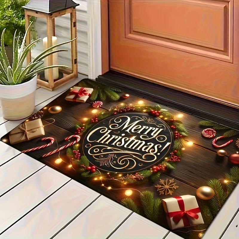 

"Merry Christmas" Ball Candy Cane Light Doormat, Festive Non-Slip Hand Wash Rug for Home Entrance Holiday Decor