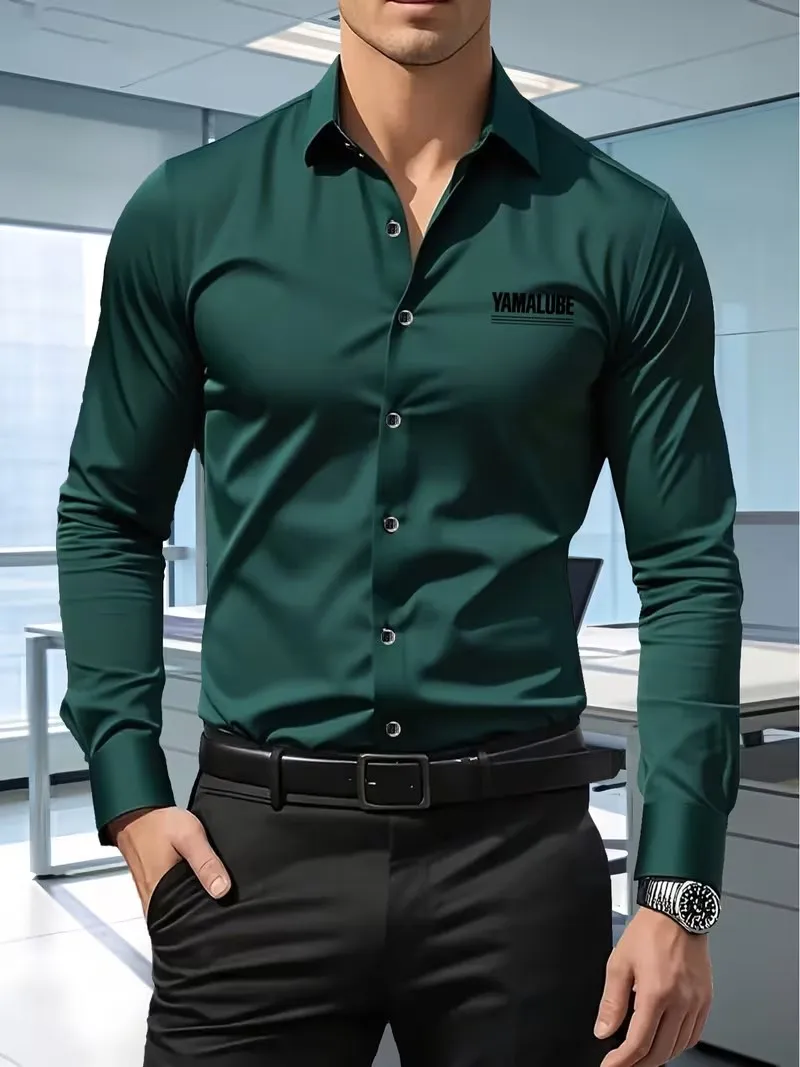 Men's Premium Business Casual Shirt Word Logo Print Slim Fit Long Sleeve Wrinkle Resistant Dress Shirt Multi Styles Available
