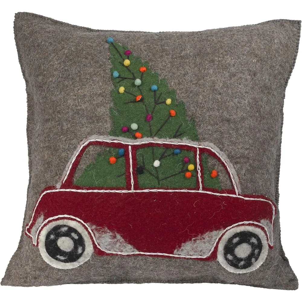 Christmas Pillow-Car with Tree on Gray-20 Decorative Pillow, Multi