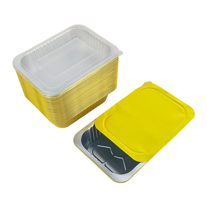 Disposable Gold Roasting Pan 10pcs Pack 1400ml Heavy Duty Rectangular Baking Tray with Lid Oven Safe Cookware for Meal Prep