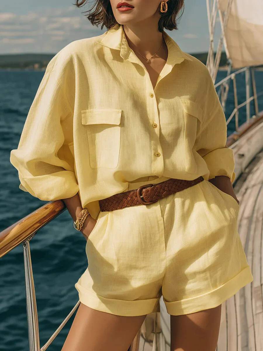 

Women Long Sleeve 2 Pieces Sets Casual Simple Button Pockets Short Pant With Shirts Tops 2026 Summer Fashion Suit Female Outfits