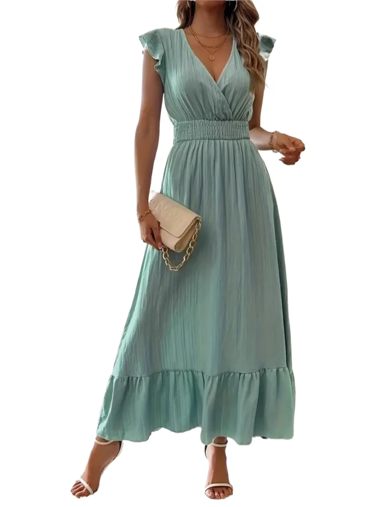 

Elegant Solid Office Dress For Women Fashion Ruffles Short Sleeve V Neck High Waist Loose Dresses Robe Femme Summer Clothes New