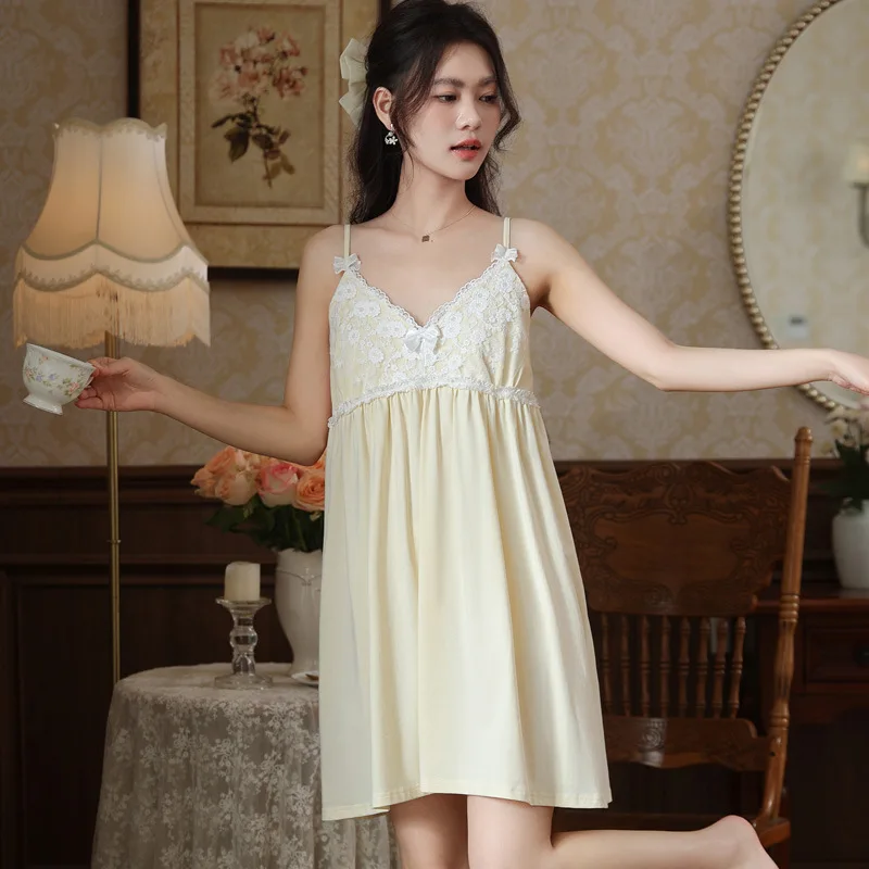 Women Summer Spaghetti Strap Nightdress Sexy Lace V-Neck Embroidery Nightie Loose Design Knee-Length Short Sleeveless Nightgowns