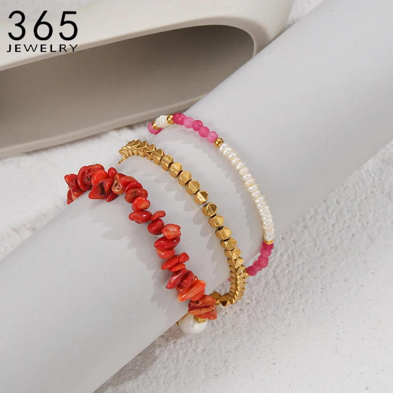 Elegant Red Irregular Stones Pink Gold Color Beads Stainless Steel Elasticity Bracelets for Women on Hand Birthday Party Jewelry