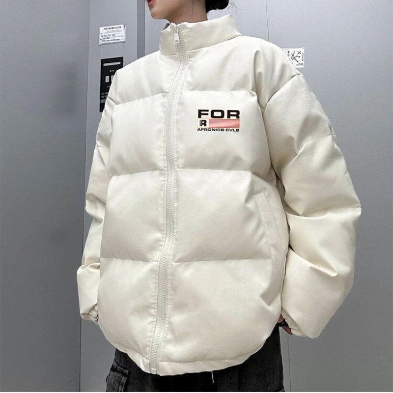Streetwear Fashion Letter Print PU Leather Parkas Coat Women American Retro Winter Thick Warm Oversize Cotton Padding Jacket Men