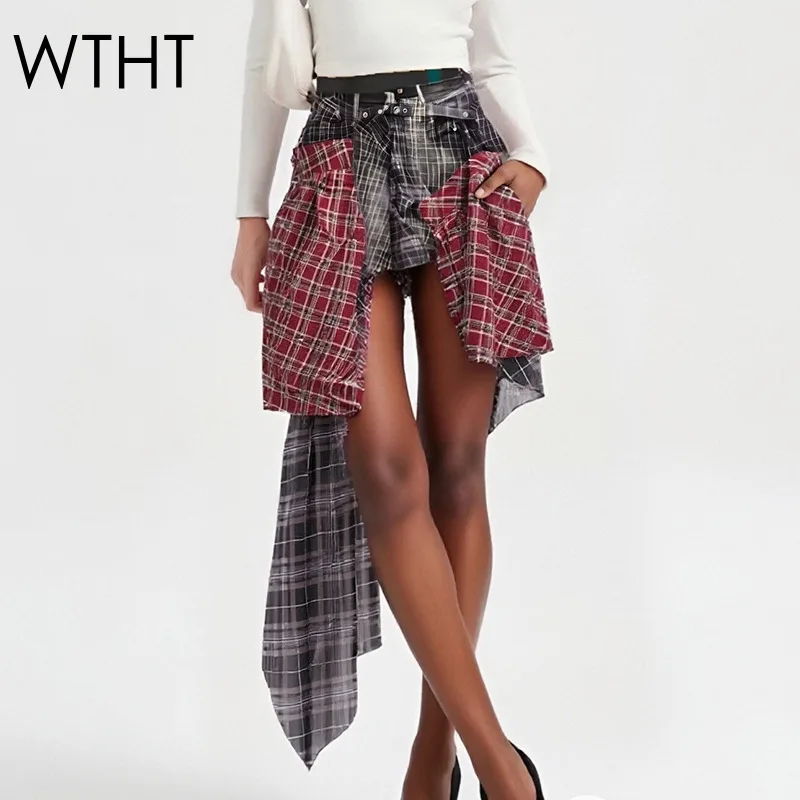 

WTHT Fashion New Women's Spliced Plaid Gauze Decoration High Waist Mini Denim Skirts Two-piece Set Female 2025 Autumn 1LS2444