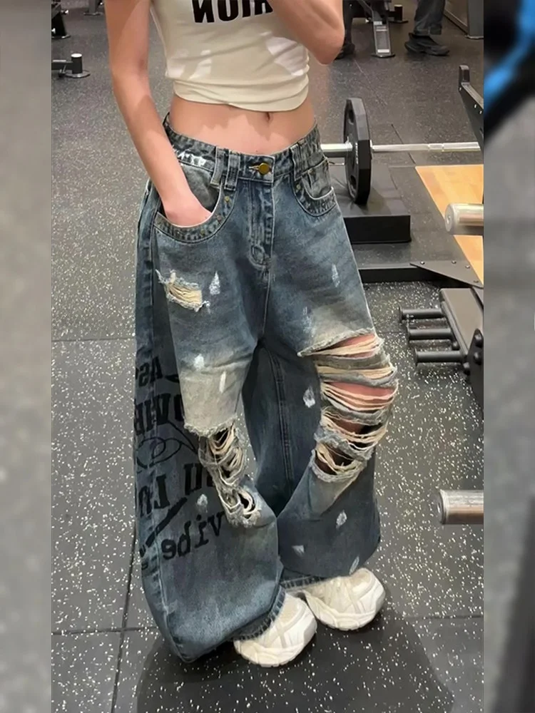 

Retro American Distressed Denim Jeans Men's Summer New Style Hot Pants High Waist Pocket Print Casual Loose Fit Non-Stretch