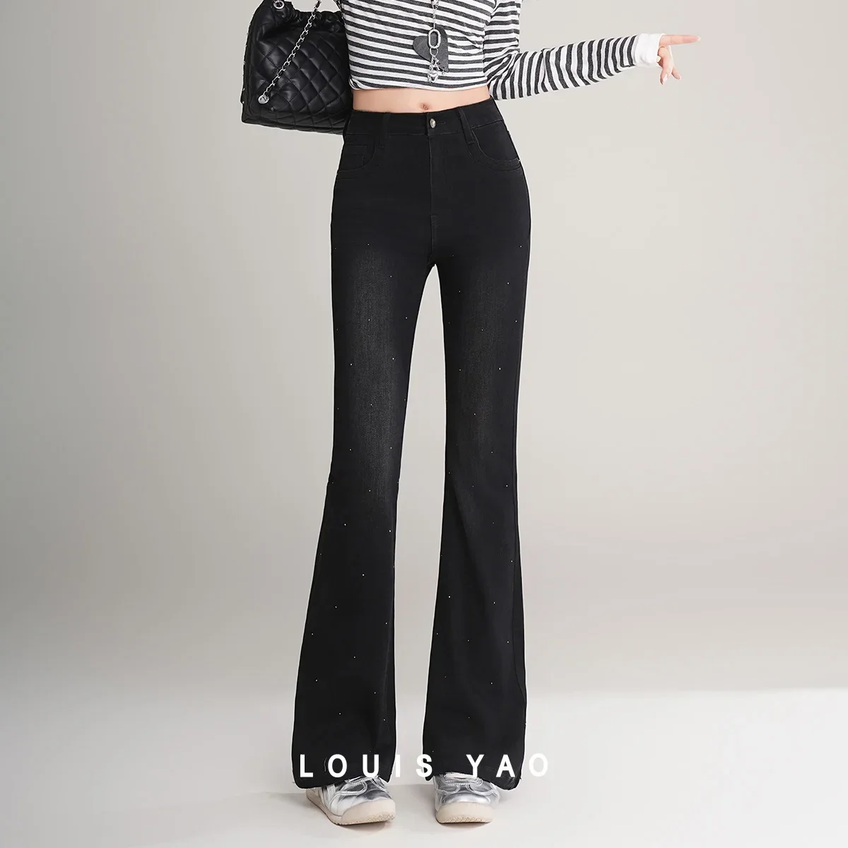 LOUIS YAO Women's Denim Pants 2026 Autumn Casual Sparkling Decoration Slightly Elastic  Slim High Waisted Slightly Flared Jeans