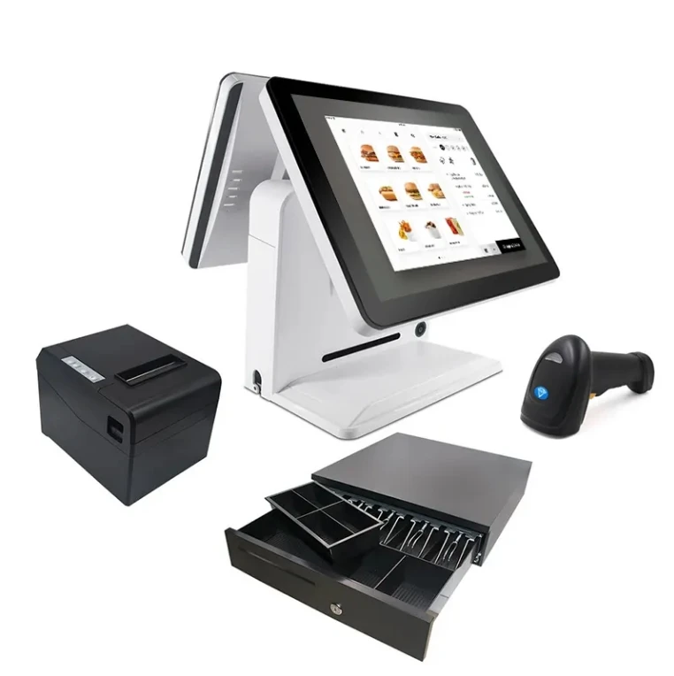 POS terminals are 15-inch and 15.6-inch capacitive dual-touch screen cash registers with printer and scanner, all-in-one system