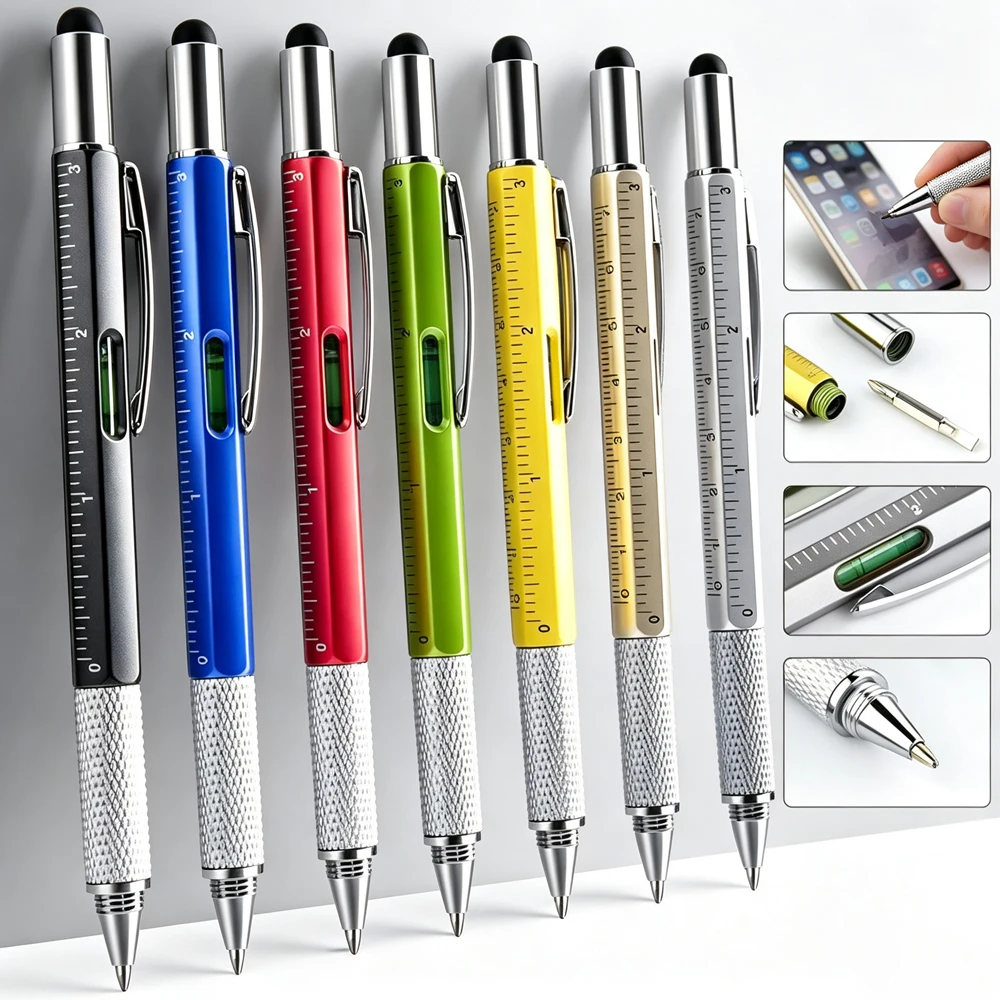 3Pcs 6 In1 Multifunction Ballpoint Pen with Handheld Tool Measure Technical Ruler Screwdriver Touch Screen Stylus Spirit Level
