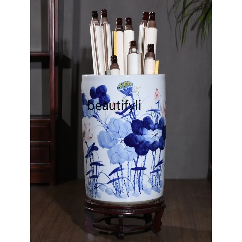 Hand-Painted Vase Jingdezhen Ceramic Flower Arrangement Decoration Study Floor Painting and Calligraphy Cylinder Decoration