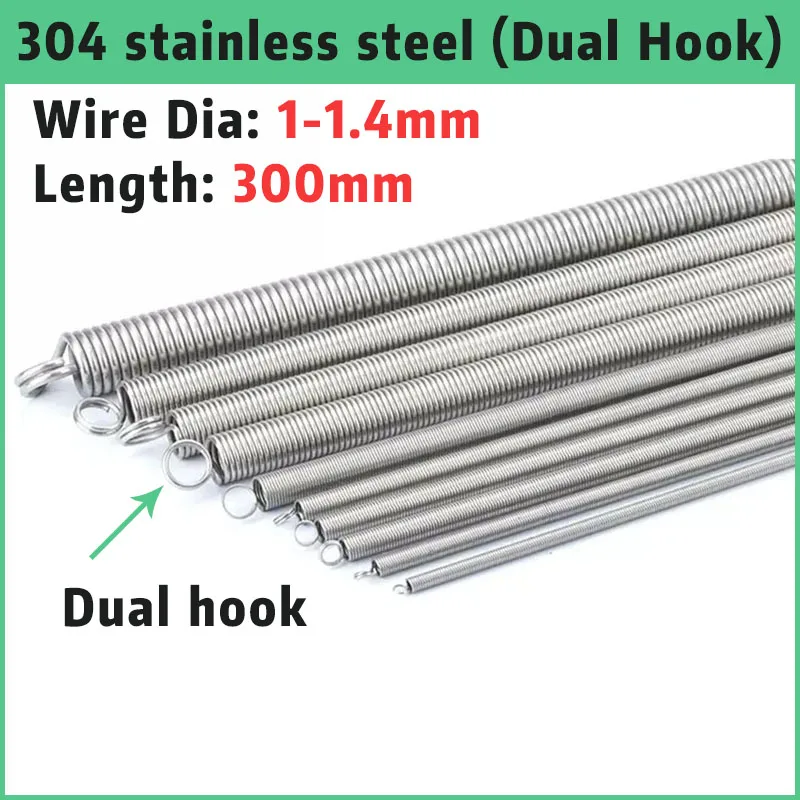 

1Pcs 304 stainless steel wire diameter 1.0mm-1.4mm Length 300mm Dual Hook Long Expansion Tension Spring