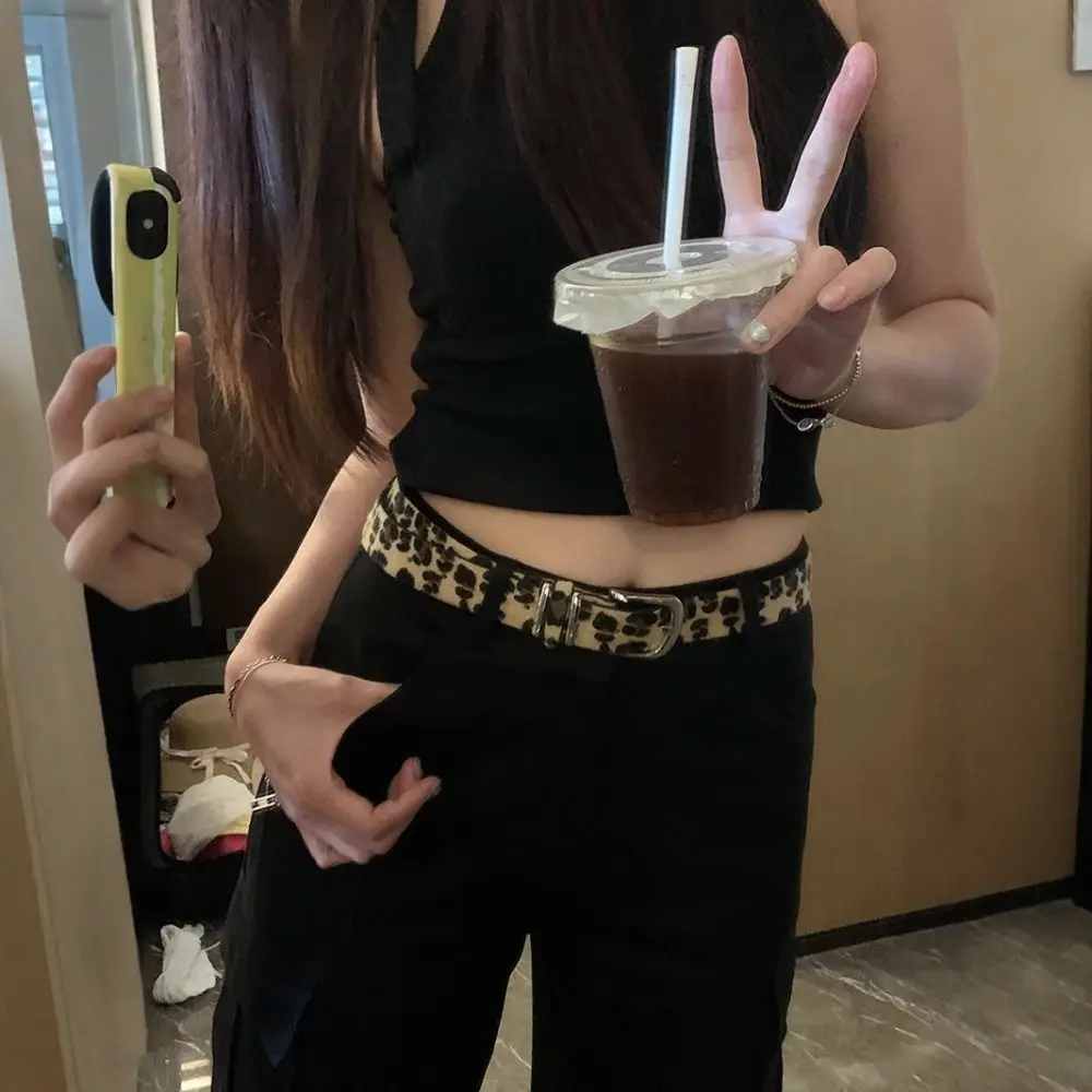 Harajuku أفخم ليوبارد طباعة حزام Y2K مشبك معدني بولي Leather حزام خصر من الجلد الجينز ديكور الهيب هوب الشرير زنار الإناث/الفتيات