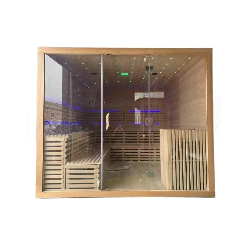 

Multi-person indoor Hemlock Sequoia traditional indoor sauna with cultural stone decoration bath