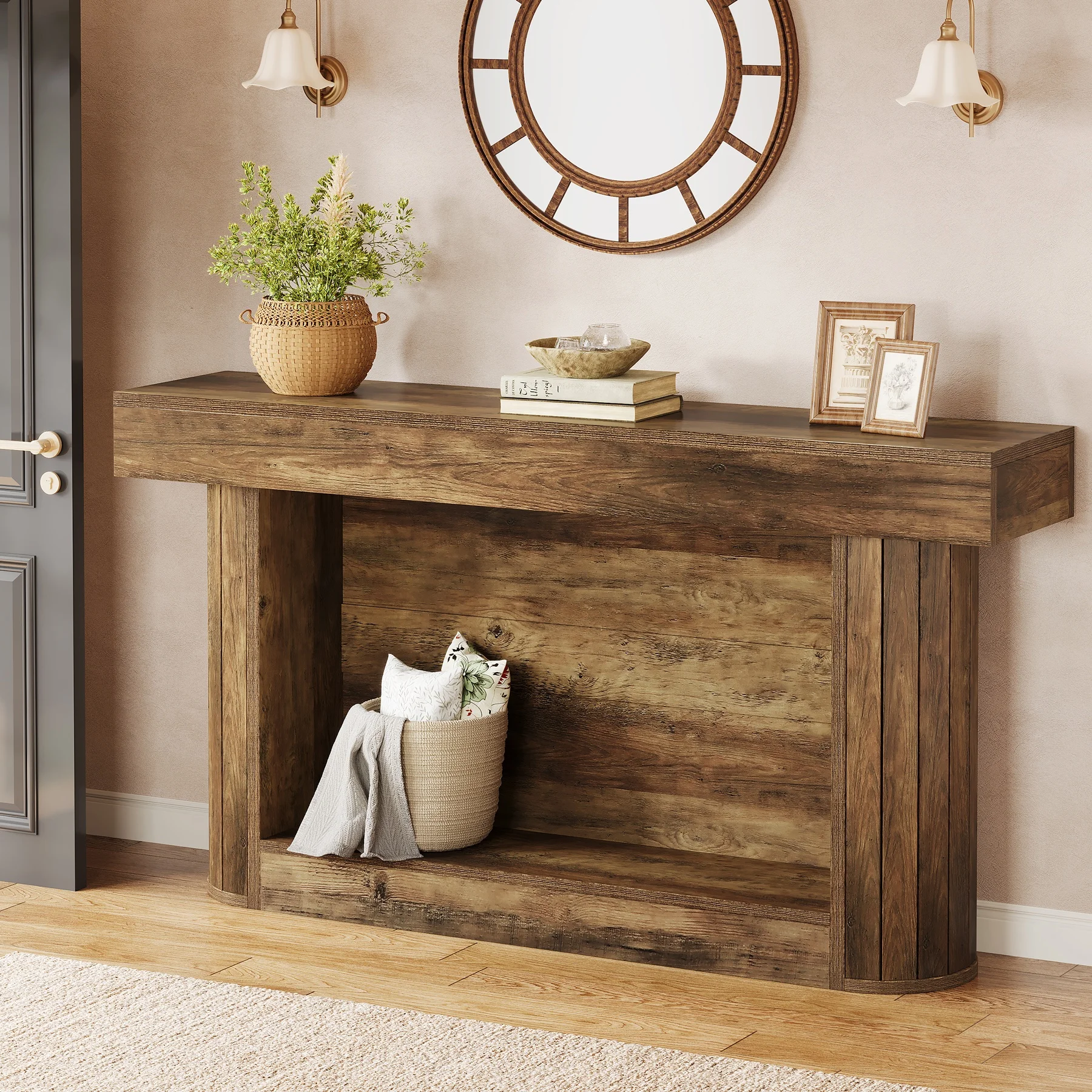 

Tribesigns 63" Table Console Wood Farmhouse 2-Tier Console Long Tables Behind Couch for Living Room Porch Mirrored Console Table