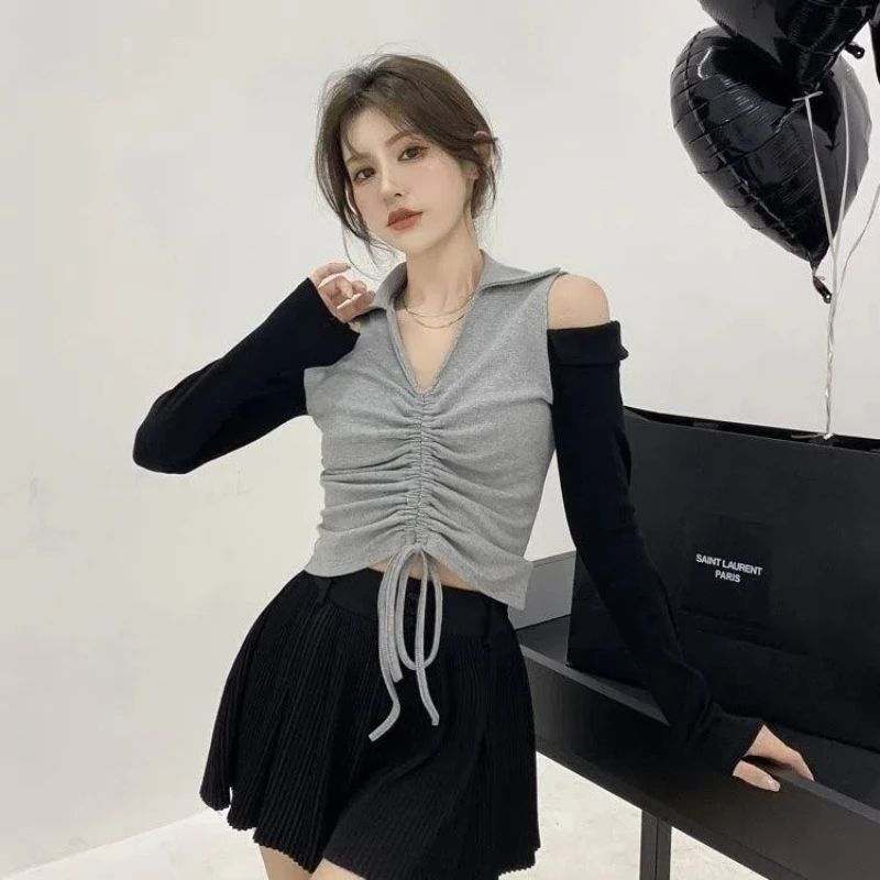 Y2K Drawstring Short T Shirts Spring New Long Sleeve Contrast Patchwork Off Shoulder Lacing Tops Sexy Fashion Women Clothing