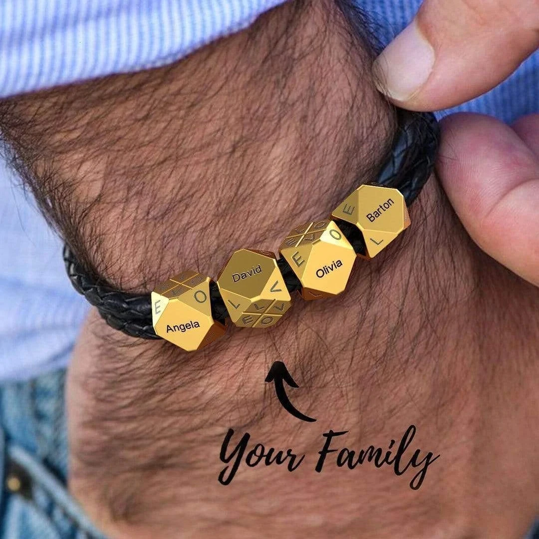 

Father's Day Gift Men's Braided Leather Bracelet With Polyhedral Custom Beads For Husband Family Gift Engrave 1-8 Names Jewelry