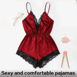 Summer New Sexy Fashion Women Lace Splice Trim Backless Bow Shorts V-Neck Bodysuit Women Sleep Wear Set