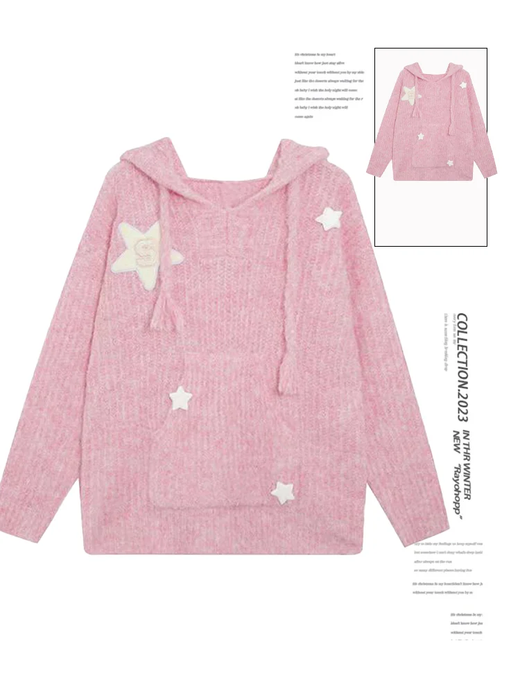 

Women Pink Pullover Hooded Knit Sweater Harajuku Aesthetic Y2k Long Sleeves Star Sweaters Elegant Vintage 2000s Fashion Clothes