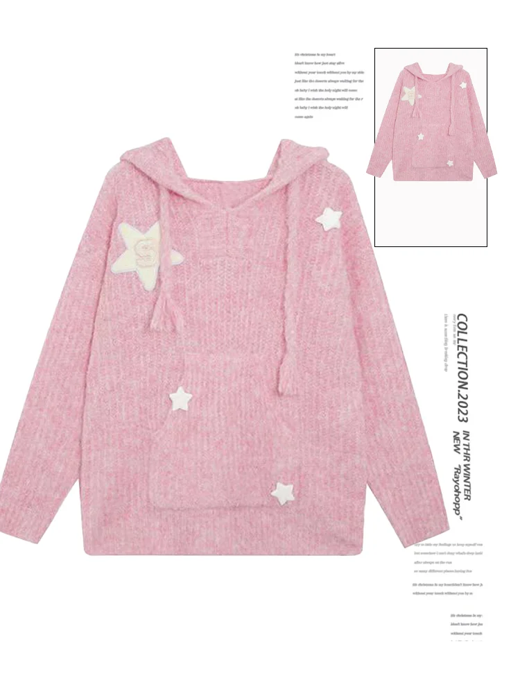 Women Pink Pullover Hooded Knit Sweater Harajuku Aesthetic Y2k Long Sleeves Star Sweaters Elegant Vintage 2000s Fashion Clothes