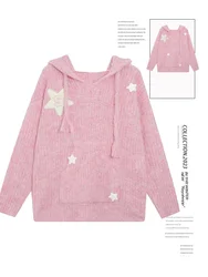 Women Pink Pullover Hooded Knit Sweater Harajuku Aesthetic Y2k Long Sleeves Star Sweaters Elegant Vintage 2000s Fashion Clothes