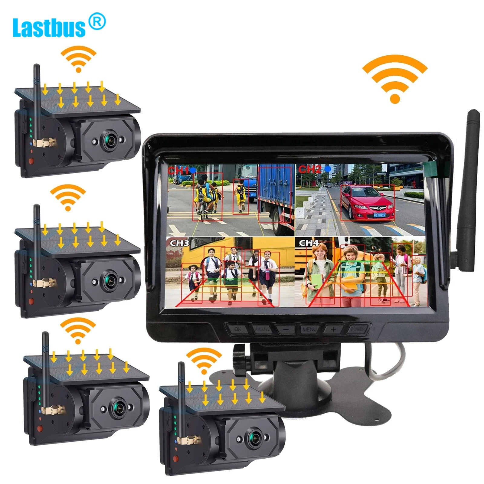 

Lastbus 7" IPS Screen DVR Split Quad Monitor With Solar Magnetic Wireless BSD Reversing Camera For Truck Camper Caravan Rv