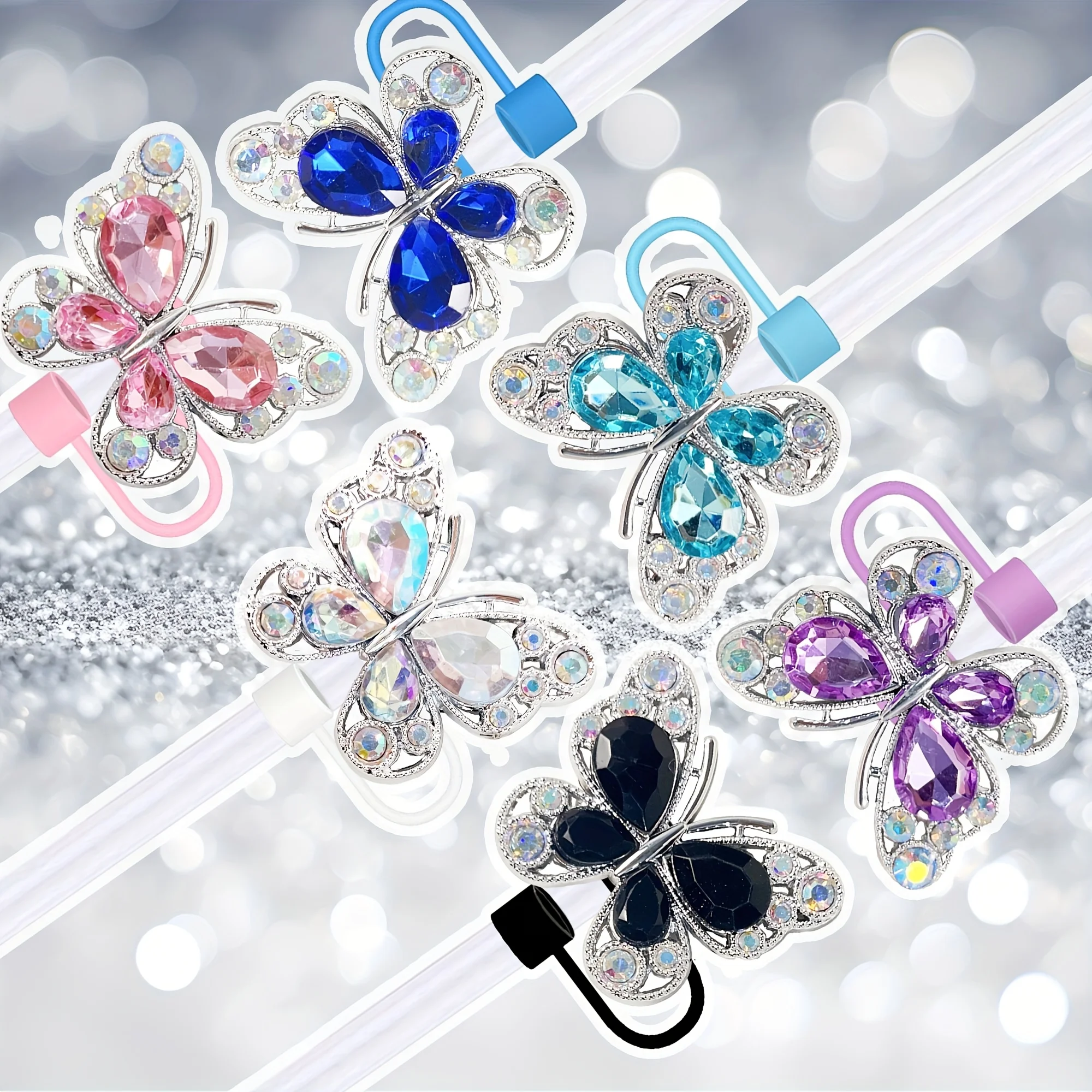 4 قطع من أغطية القش المصنوعة من السيليكون على شكل فراشة لامعة، أغطية قابلة لإعادة الاستخدام مقاومة للغبار لشفاطات قطرها 1.02 سم، تصميم طرف القش المزخرف