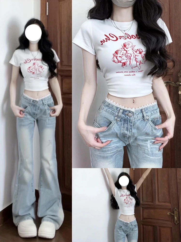 

Light Color Lantern-legged Lace Patchwork Wideleg Jeans Women's Summer New Low Waist Loose Thinming Trousers Ele Denim Pants