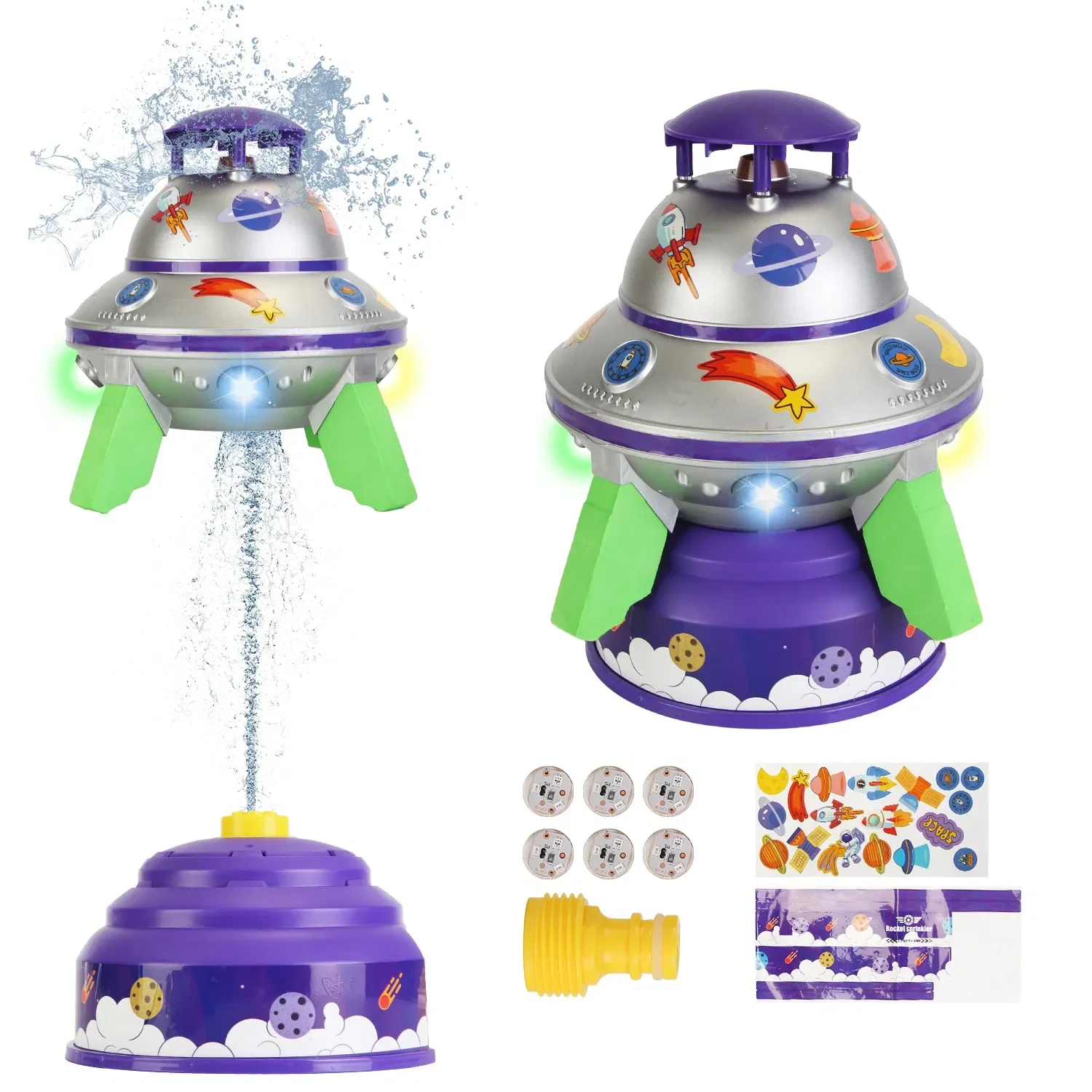 

UFO Water Sprinkler Outdoor Summer Rocket Toy With Colorful LED Lights Spinning 1.64FT To 6.56FT Adjustable Height Birthday