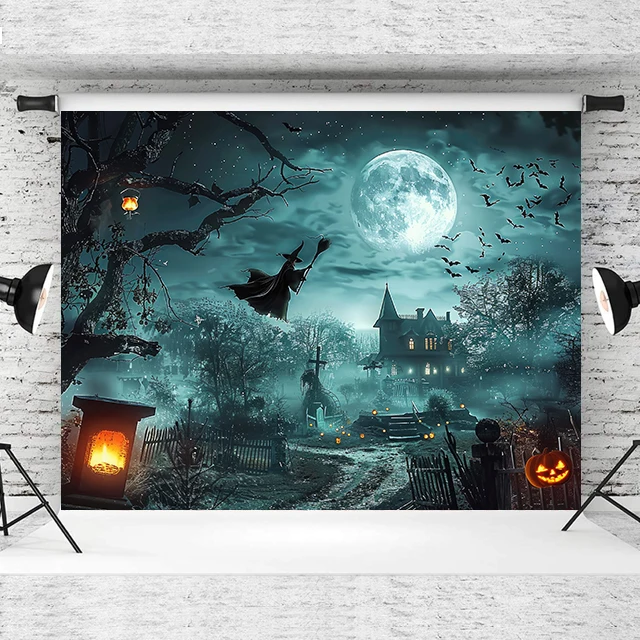 Beenle Halloween Backdrop for Horror Night Moon Scary Cemetery Witch Castle Pumpkin Family Party Portrait Photography Background