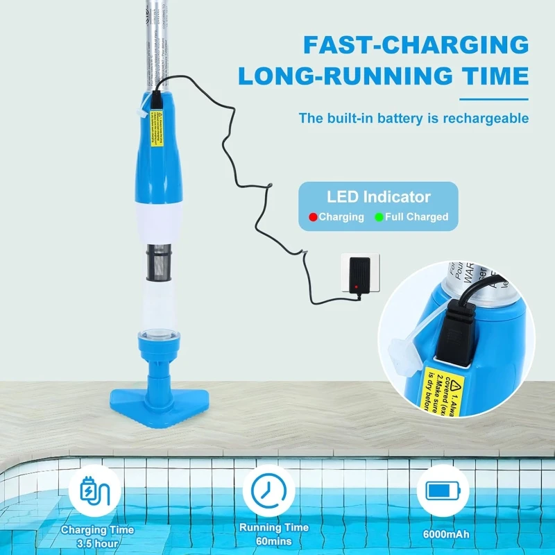 Aspirador de pó para piscina, sucção forte para spas, banheiras de hidromassagem, detritos de areia, piscinas, portátil, recarregável, sucção de cerdas, 3 bicos
