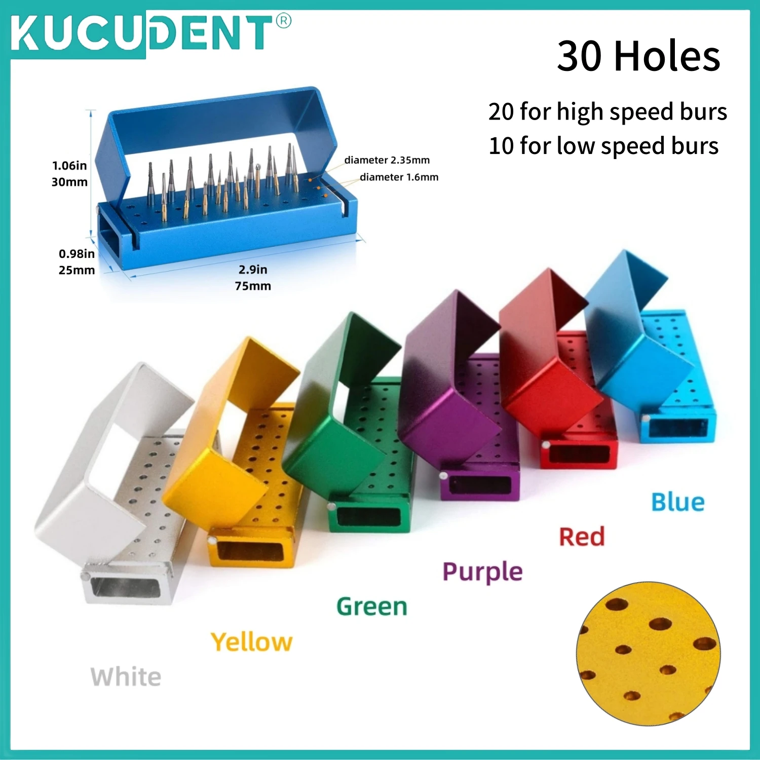 30 Holes Dental Aluminum Disinfection Block Burs Holder FG RA Bur Drill Stand Autoclave Storage Box for High Low Speed Handpiece