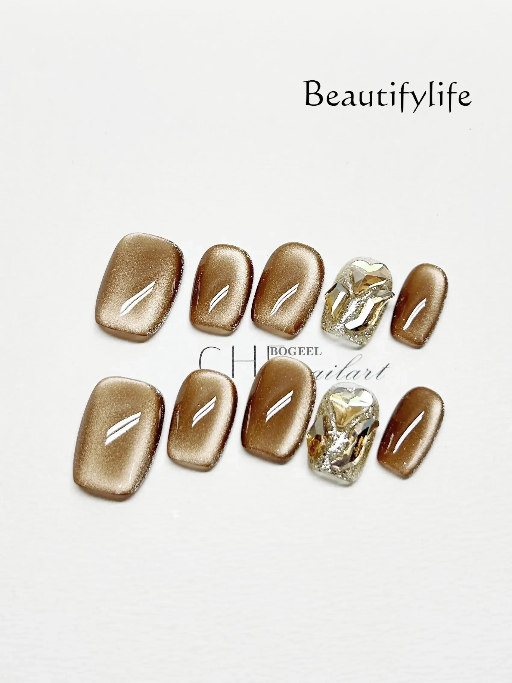 Hand-worn nail brown coffee cat eye flash diamond nail patch removable