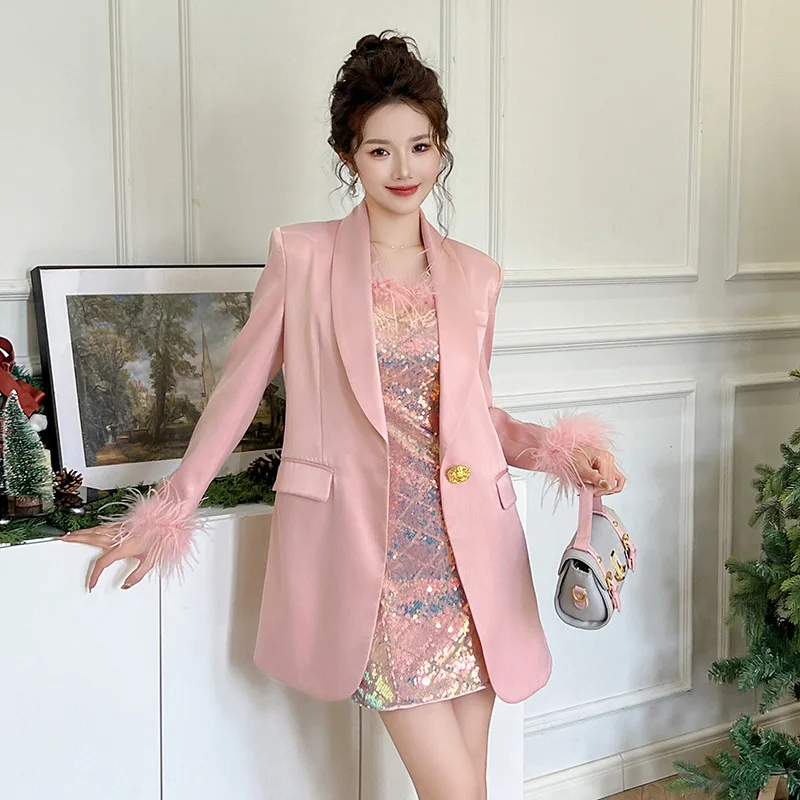 French Style Loose Pink Satin Blazers for Women 2024 Spring New Feather Stitching Mid-Length Long Sleeve Jacket Female